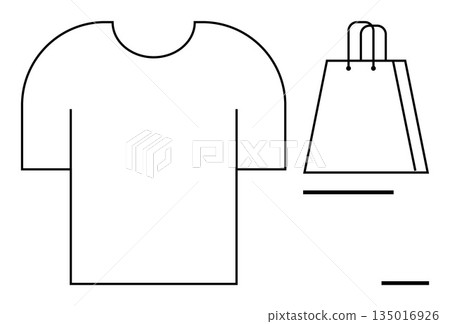 Retail, fashion, e-commerce, online shopping, branding, packaging. Outline of a t-shirt and a shopping bag. Retail and online shopping concepts with a clean, minimal design and focus Retail, fashion, e-commerce, online shopping, branding, packaging. Outline of a t-shirt and a shopping bag. Retail and online shopping concepts with a clean, minimal design and focus 135016926