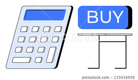 Finance, e-commerce, budgeting, online shopping, digital payments, economic decision-making. Calculator next to a buy button on a desk. Finance and e-commerce concept Finance, e-commerce, budgeting, online shopping, digital payments, economic decision-making. Calculator next to a buy button on a desk. Finance and e-commerce concept 135016930
