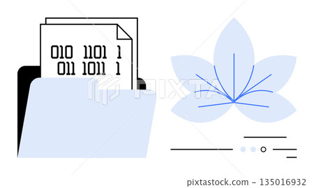 Data management, digital transformation, technology, binary code, analytics, nature-inspired design. Open folder with binary files and a minimalistic floral graphic. Data management and digital Data management, digital transformation, technology, binary code, analytics, nature-inspired design. Open folder with binary files and a minimalistic floral graphic. Data management and digital 135016932