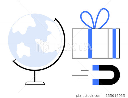 International relationships, global trade, holiday gifting, marketing, attraction, connection. Globe, gift box and magnet icons global trade and the power of attraction. International relationships International relationships, global trade, holiday gifting, marketing, attraction, connection. Globe, gift box and magnet icons global trade and the power of attraction. International relationships 135016935