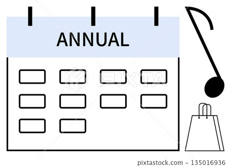 Event planning, celebrations, annual , shopping sales, music festivals, schedules. Calendar marked Annual with music note and shopping bag. Event planning and celebrations concept Event planning, celebrations, annual , shopping sales, music festivals, schedules. Calendar marked Annual with music note and shopping bag. Event planning and celebrations concept 135016936