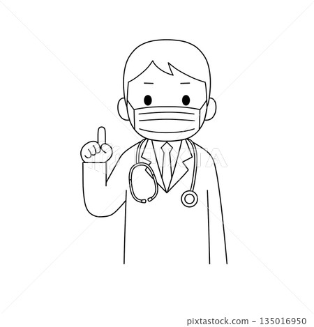 An upper body black and white line drawing of a man in a white coat wearing a mask and a stethoscope hanging from his neck, pointing up one finger and explaining or suggesting something An upper body black and white line drawing of a man in a white coat wearing a mask and a stethoscope hanging from his neck, pointing up one finger and explaining or suggesting something 135016950