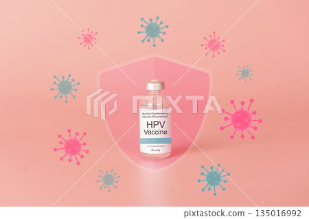 Human papillomavirus (HPV) vaccine bottle with glass shield and virus on pink background. HPV vaccine protects against certain types of HPV that can cause cervical cancer. Human papillomavirus (HPV) vaccine bottle with glass shield and virus on pink background. HPV vaccine protects against certain types of HPV that can cause cervical cancer. 135016992