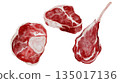 Watercolor set of beef cuts. Hand-drawn illustrations of different types of meat on a white background. Food clip art. Perfect for culinary blog designs, steakhouse signs, and butcher shop signs. 135017136