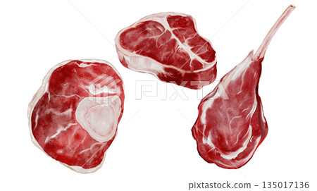 Watercolor set of beef cuts. Hand-drawn illustrations of different types of meat on a white background. Food clip art. Perfect for culinary blog designs, steakhouse signs, and butcher shop signs. 135017136