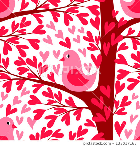 Vector seamless pattern with funny birds in a love forest 135017165