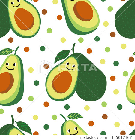 Vector seamless pattern with funny avocados on a polka dot background 135017167