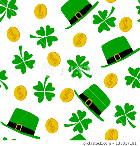 Vector seamless pattern with golden coins and hats St. Patrick Day Vector seamless pattern with golden coins and hats St. Patrick Day 135017181