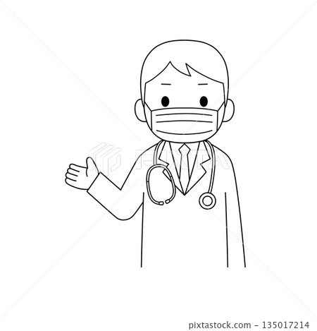 一幅黑白線條畫,描繪了一位身穿白大褂、戴著口罩和聽診器、手持一隻手進行指示和解釋的男子的上半身。 一幅黑白線條畫,描繪了一位身穿白大褂、戴著口罩和聽診器、手持一隻手進行指示和解釋的男子的上半身。 135017214