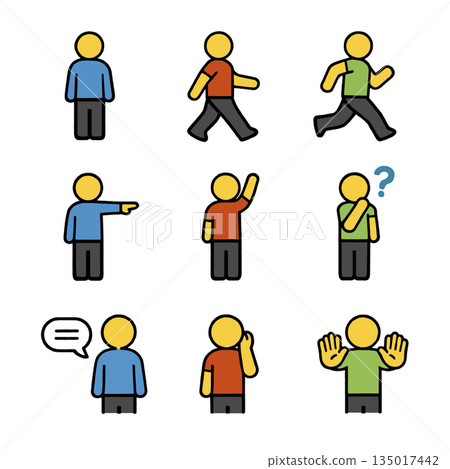 Cartoon stick figure showing walk run point wave think talk listen stop gesture Cartoon stick figure showing walk run point wave think talk listen stop gesture 135017442