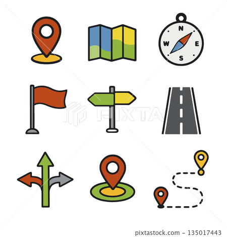 Navigation icon set with map, compass, location pin, and road direction symbols 135017443