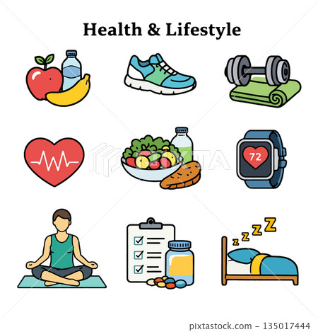 Health, fitness, nutrition, and wellness icons in colorful flat style Health, fitness, nutrition, and wellness icons in colorful flat style 135017444