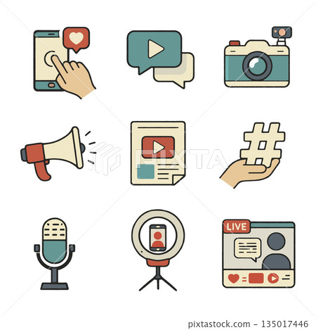 Social media icon set with camera, microphone, hashtag, and live stream elements Social media icon set with camera, microphone, hashtag, and live stream elements 135017446
