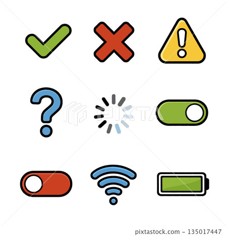 Colorful UI icons including check mark, cross, warning, and loading symbol Colorful UI icons including check mark, cross, warning, and loading symbol 135017447