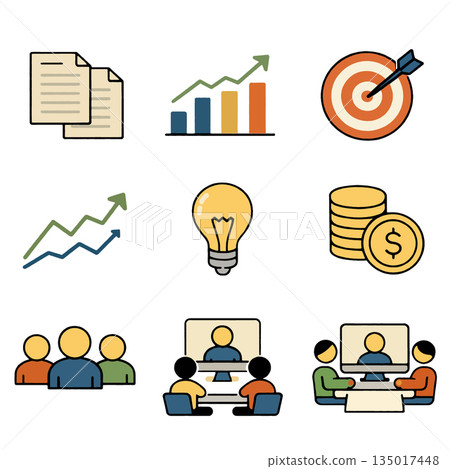Business growth chart, target, idea bulb, and teamwork icons in flat style Business growth chart, target, idea bulb, and teamwork icons in flat style 135017448