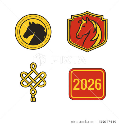 Horse head silhouette, red horse emblem, golden knot, and 2026 badge icon set 135017449