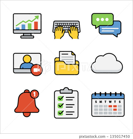 Business icons including graph keyboard chat video call folder cloud alert checklist calendar 135017450