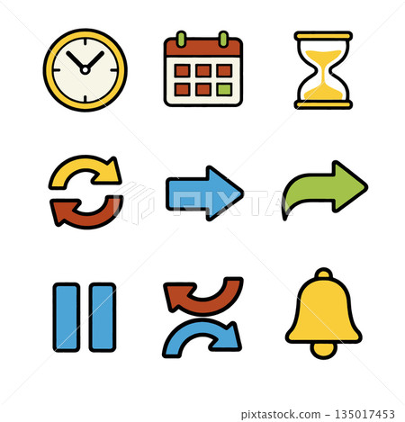 Clock, calendar, hourglass, and arrows icon set in flat style with bold outlines 135017453
