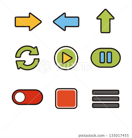 Colorful arrow, media, and interface icons with bold outlines on white background Colorful arrow, media, and interface icons with bold outlines on white background 135017455
