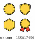 Yellow badge, shield, hexagon, and medal icon with red ribbon on white background 135017459