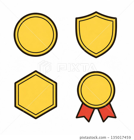 Yellow badge, shield, hexagon, and medal icon with red ribbon on white background Yellow badge, shield, hexagon, and medal icon with red ribbon on white background 135017459
