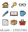 Home key glasses pen book mug paper box basket icons in flat style 135017461