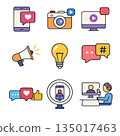 Social media icon set with smartphone, camera, video, and communication symbols 135017463