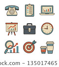 Office icon set with vintage style including phone, chart, laptop, clock, and coffee cup 135017465