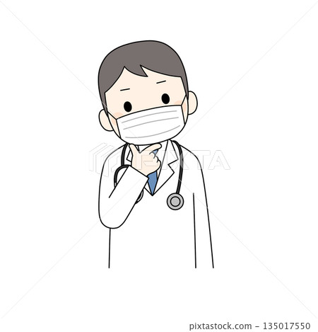 一幅彩色插圖，描繪了一位身穿白大褂、戴著口罩和聽診器的男醫生，他正用手托著下巴思考。 135017550