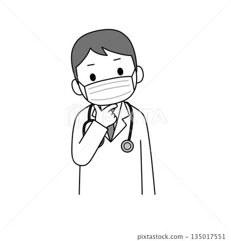 A monochrome illustration of a male doctor in a white coat wearing a mask and a stethoscope thinking with his hand on his chin A monochrome illustration of a male doctor in a white coat wearing a mask and a stethoscope thinking with his hand on his chin 135017551
