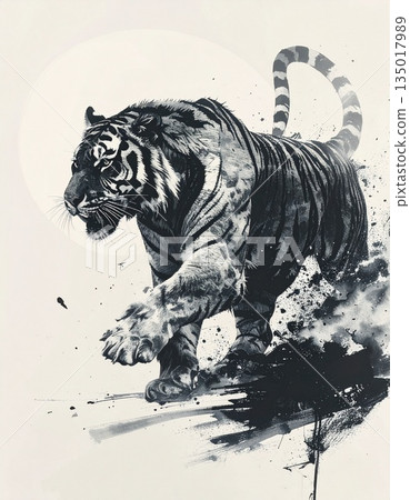 A brush-drawn ink painting of a dynamic tiger 135017989