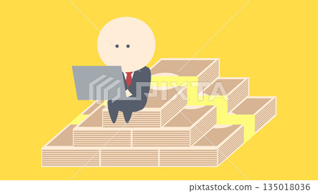Business image illustration_Successful businessman sitting on a pile of bills and working 135018036