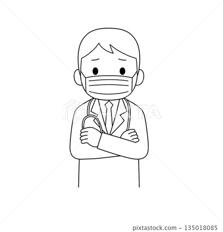 一幅黑白線條畫，畫中是一位身穿白大褂、戴著口罩、手持聽診器、雙臂交叉、表情憂慮的男醫生。 135018085