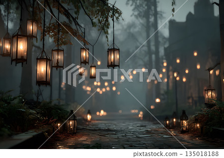 Serene Twilight Pathway with Lanterns in Misty Forest for Tranquil Night Decor Generative AI 135018188