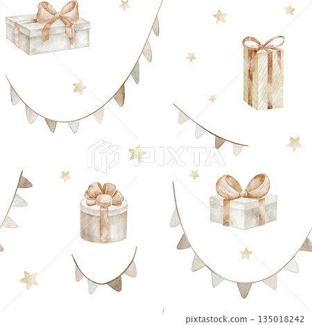 Presents and garlands watercolor illustration Pattern with festive elements. Pastel seamless background with gift boxes and flags for baby Birthday wrapping paper or childish textile. Surface design. Presents and garlands watercolor illustration Pattern with festive elements. Pastel seamless background with gift boxes and flags for baby Birthday wrapping paper or childish textile. Surface design. 135018242