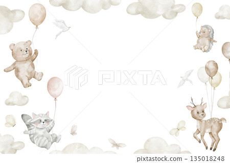 Animals in sky watercolor illustration with cute baby animals floating with balloons and clouds. Beige pastel template of nursery card for baby shower invitations, greeting cards, and posters. 135018248