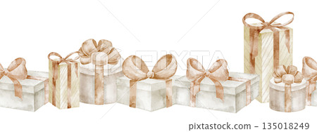 Gift watercolor illustration border with present boxes and bows. Seamless party pattern for baby shower greeting cards or childish Birthday invitations. Frame for nursery party and holiday templates. 135018249