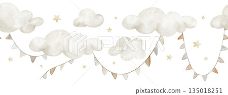 Cloud watercolor illustration border with hanging garlands. Seamless party pattern for baby shower greeting cards or childish Birthday invitations. Frame for nursery decor in pastel beige colors. Cloud watercolor illustration border with hanging garlands. Seamless party pattern for baby shower greeting cards or childish Birthday invitations. Frame for nursery decor in pastel beige colors. 135018251
