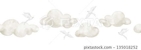 Cloud watercolor illustration border with flying Birds and sky elements. Seamless pattern for baby shower invitations or childish greeting cards. Pastel beige frame for nursery banners or templates. 135018252