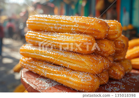 Gastronomy marketing. Various of Mexican churros with chocolate. Street food setting. Cultural and global dessert. Gastronomy marketing. Various of Mexican churros with chocolate. Street food setting. Cultural and global dessert. 135018398
