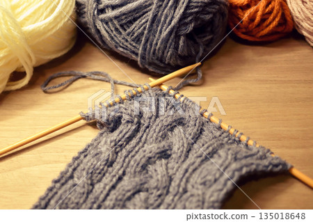 Photo of cable knitting in progress with knitting needles. Knitting, Yarn, Aran pattern, Hobby 135018648