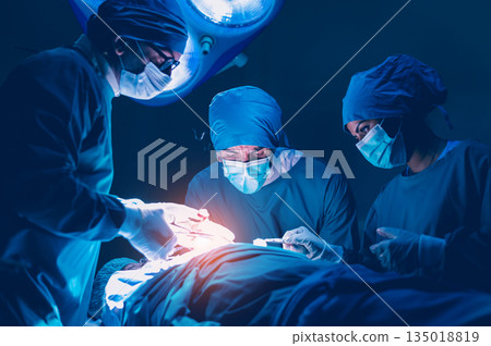 Group of concentrated surgical doctor team doing surgery patients in hospital operating theater. Professional medical team doing critical operations. Group of concentrated surgical doctor team doing surgery patients in hospital operating theater. Professional medical team doing critical operations. 135018819