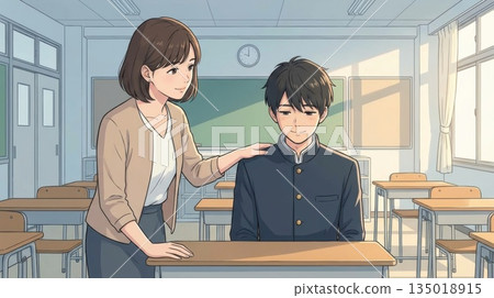 一位穿著套裝的女教師輕輕地把手放在一位坐在教室裡的男學生的肩膀上，鼓勵他。 135018915