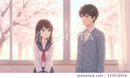 一位身穿水手服的女孩和一位穿著開襟羊毛衫的高中男生在窗邊相望，彼此微笑，窗外是盛開的櫻花。 135018916