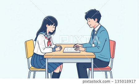 一名身穿水手服的女高中生在面試室一邊查看文件一邊與一位男老師討論她未來的職涯規劃。 135018917