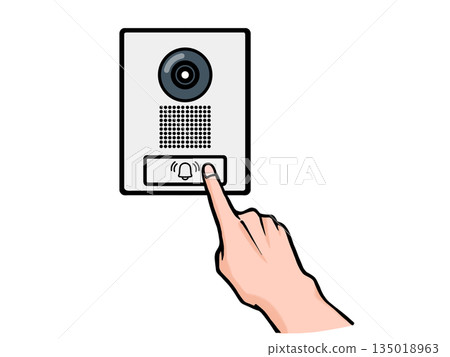 一隻手按下帶有攝影機的對講機按鈕的插圖 135018963