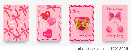 Valentine s Day 3D background with red and pink hearts, bows, and inscriptions. Hearts, bows, and inscriptions 135018996