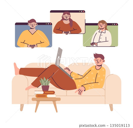 Online conference. Man lying on sofa and working on laptop. Freelancing and remote work. Business meeting, virtual chat and videocall, home office,. Vector cartoon isolated illustration 135019113