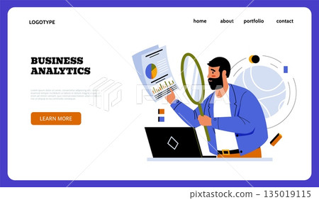 Business analytics landing page. Man looking through magnifying glass at report. Website design template. Office statistic information. Professional audit analyst. Vector background 135019115