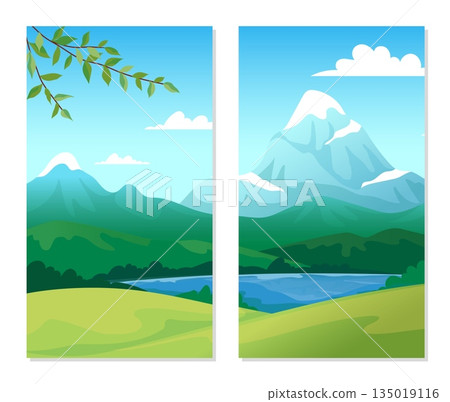 Open view. Scenic nature landscape. Picture frame. Mountain peaks and wild forest trees. River or lake water. Green hills. Rock panorama. Branch leaves. Summer travel. Vector banners set Open view. Scenic nature landscape. Picture frame. Mountain peaks and wild forest trees. River or lake water. Green hills. Rock panorama. Branch leaves. Summer travel. Vector banners set 135019116